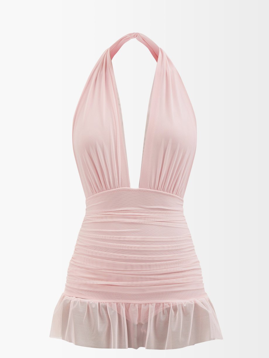 Pink Halterneck ruched-tulle mini dress | Norma Kamali | MATCHESFASHION UK