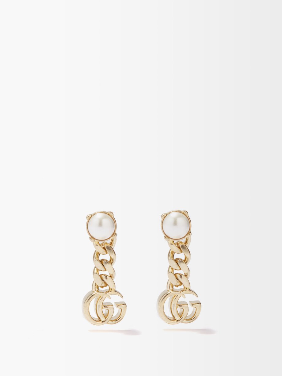 Gucci Metallic Faux-pearl GG logo chain earrings | 매치스패션, 모던 럭셔리 온라인 쇼핑
