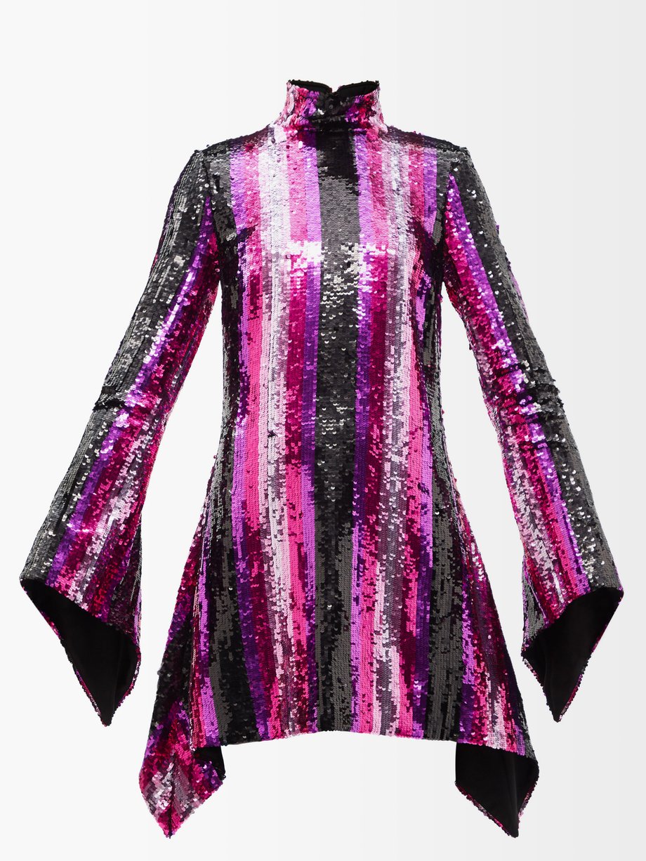 Pink High-neck striped sequinned mini dress | Halpern | MATCHESFASHION UK