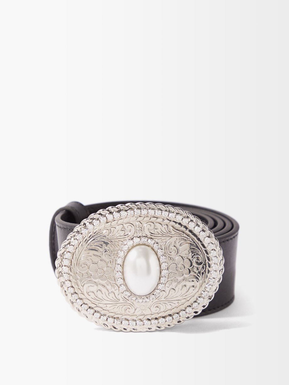 알렉산드리아 리치 Alessandra Rich Black Pearl-embellished leather belt