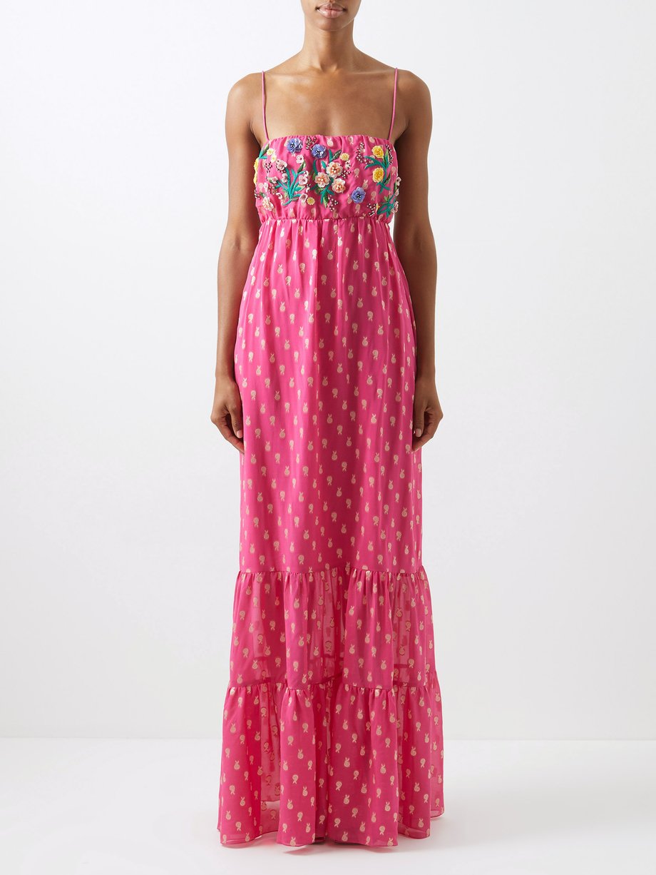 Pink Lucy floral-embroidered silk-blend maxi dress | Saloni ...