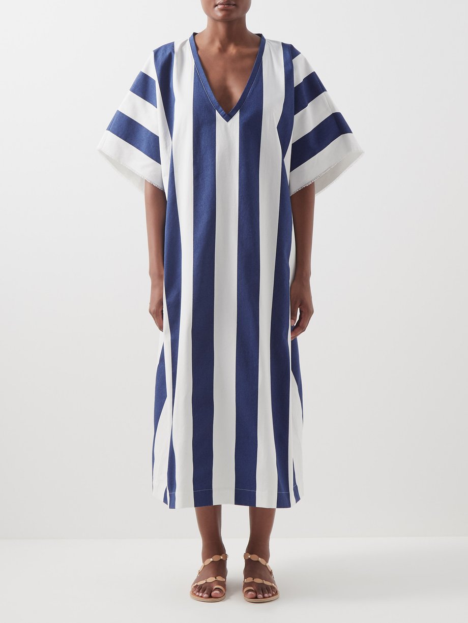 Striped V-neck cotton kaftan dress