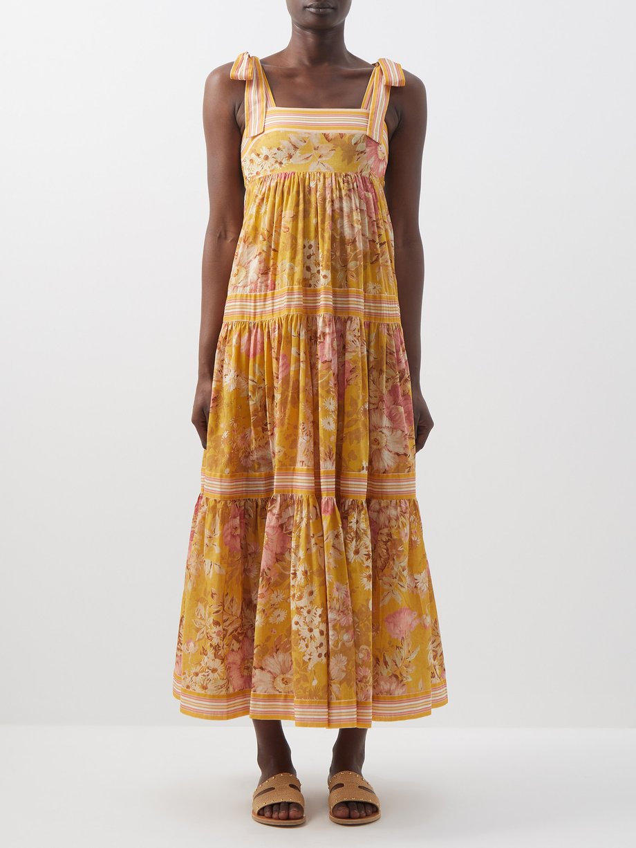 Yellow Pattie floral-print gathered cotton-voile dress | Zimmermann ...