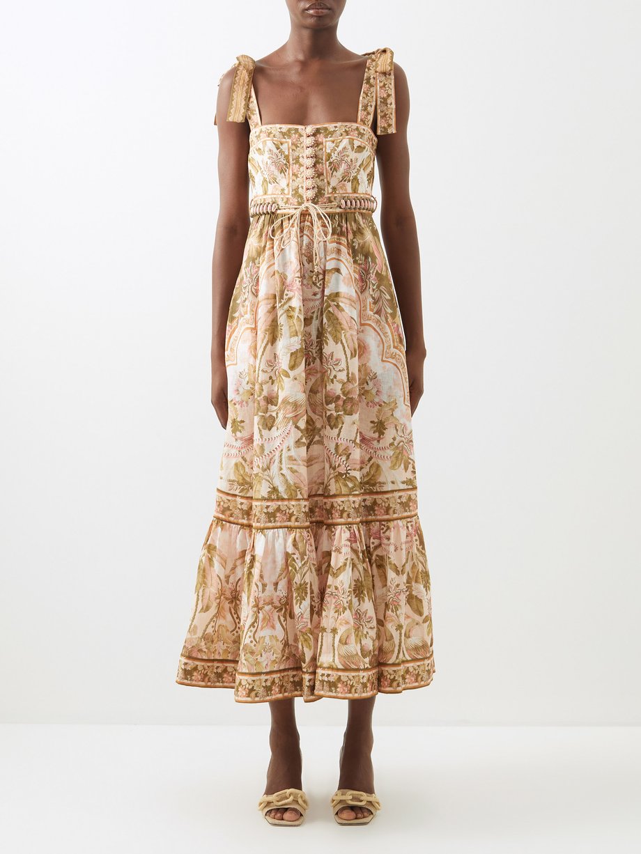 Khaki print Beaded tropical-print linen dress | Zimmermann ...