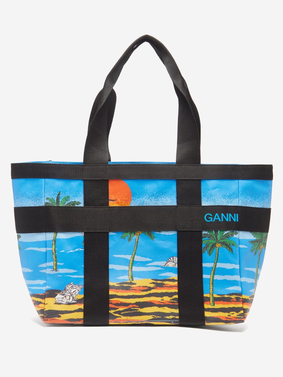 가니 토트백 GANNI Blue Beach-print coated organic-cotton canvas tote bag