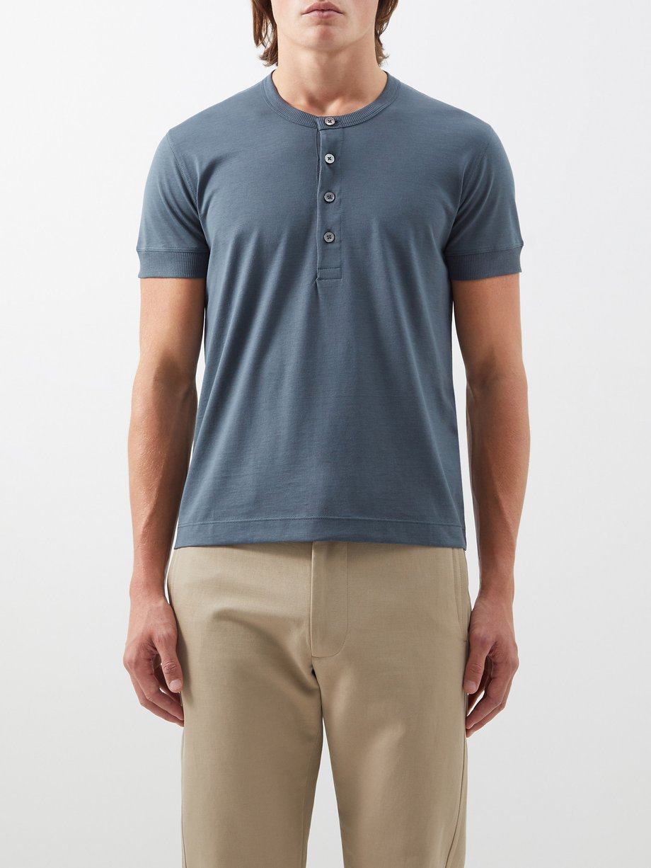Blue Silk-blend jersey Henley T-shirt | Tom Ford | MATCHESFASHION AU