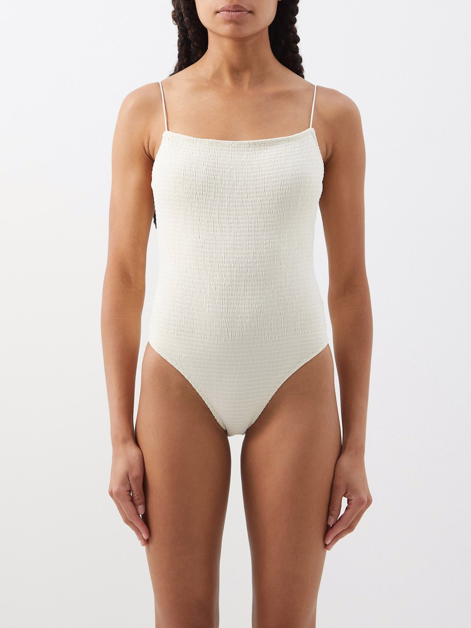 토템 Toteme White Smocked recycled-jersey swimsuit