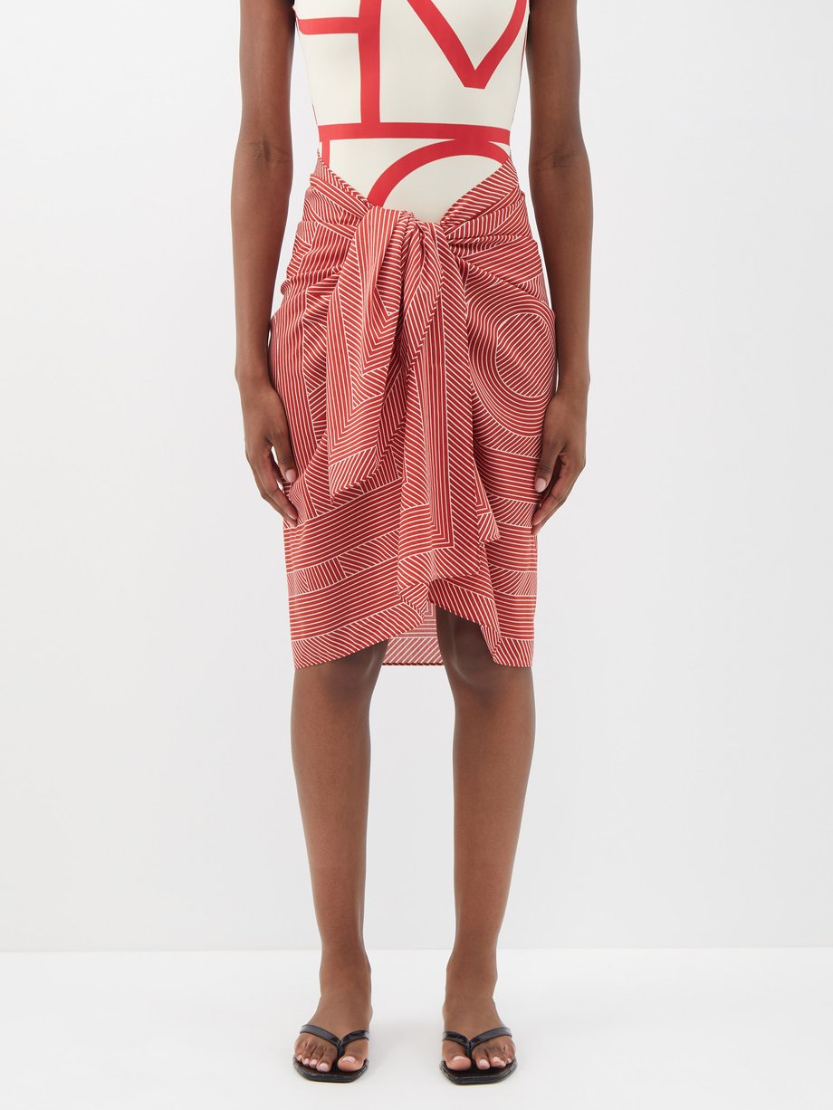 토템 Toteme Red Monogram-print cotton-blend voile sarong