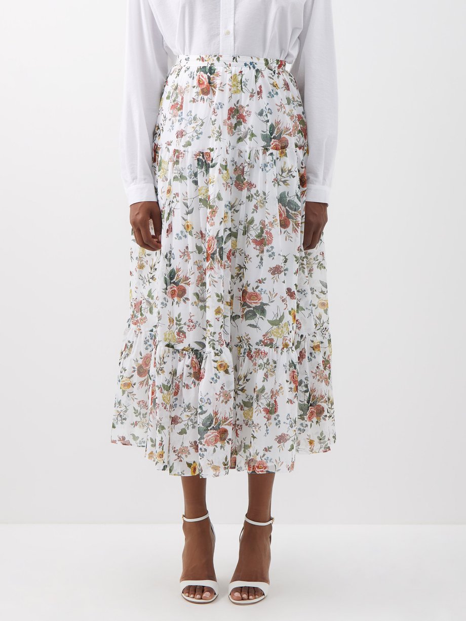 Vacation Olympia floral-print voile midi skirt White Erdem ...