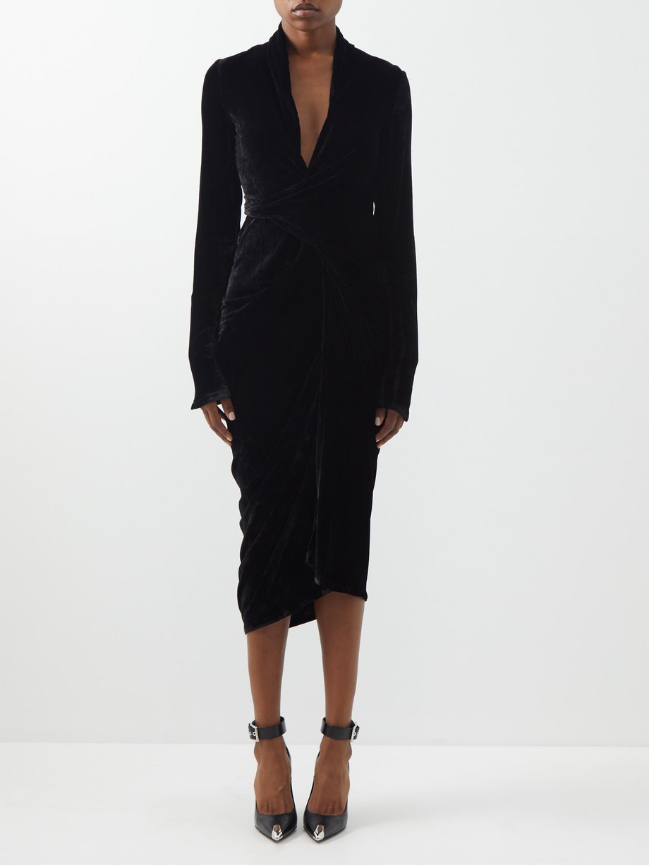 Black Gathered velvet wrap dress | Rick Owens | MATCHESFASHION US