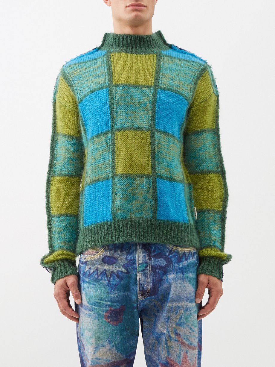 마르니 스웨터 Marni Green Check-intarsia wool-blend sweater