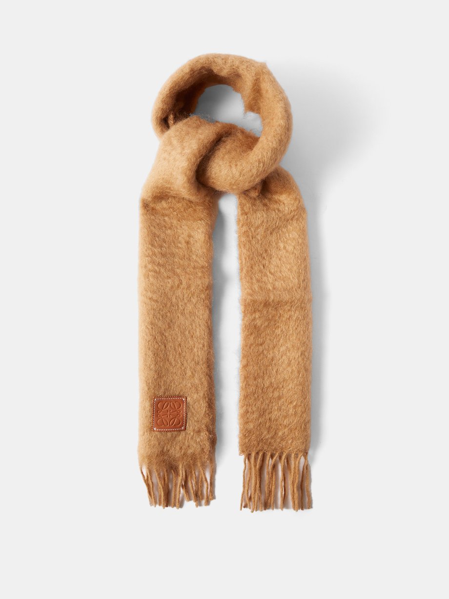 Anagram-patch fringed mohair-blend scarf Camel LOEWE | MATCHESFASHION FR