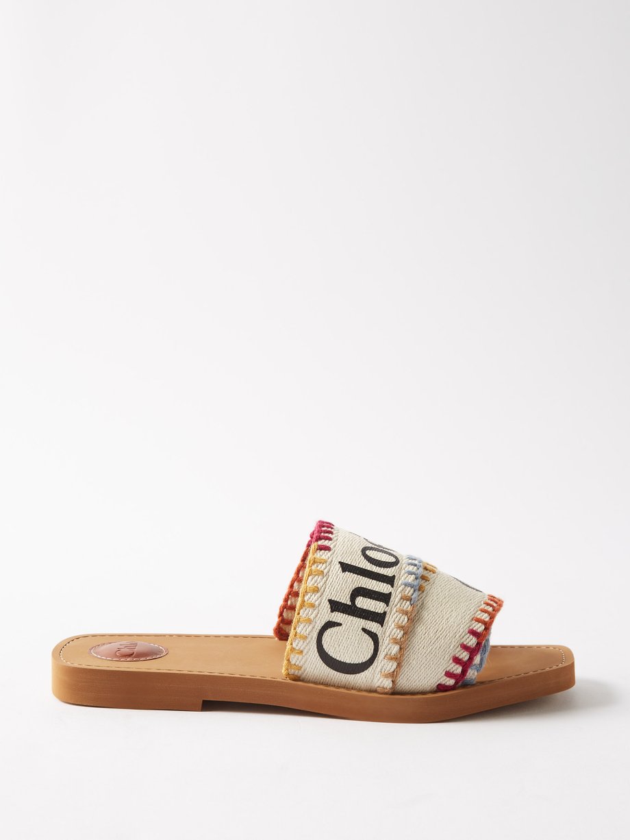 Neutral Woody embroidered canvas slides | Chloé | MATCHESFASHION UK