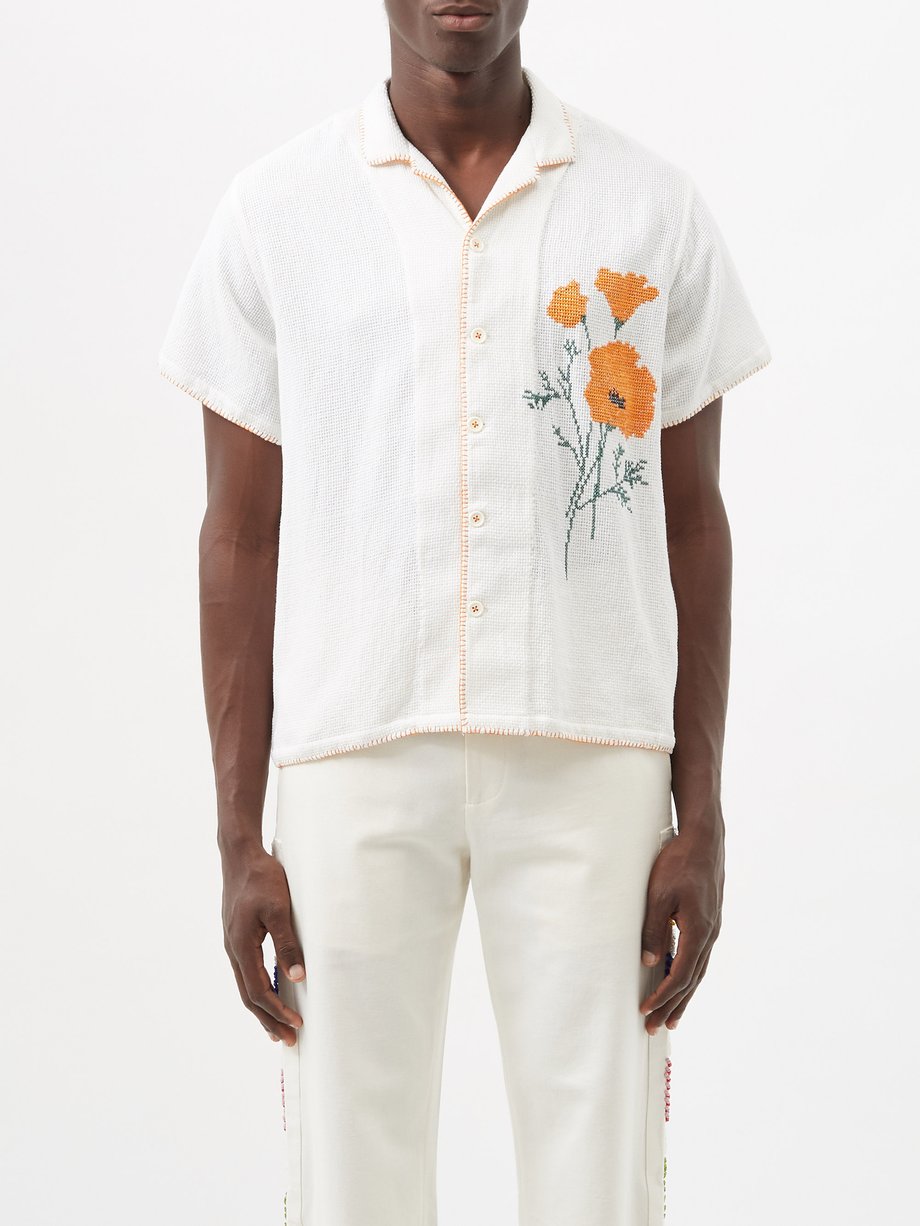 Poppy cross-stitched cotton-aida shirt