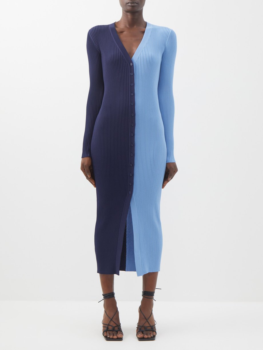 Blue Shoko twotone ribknit jersey midi dress Staud MATCHESFASHION UK