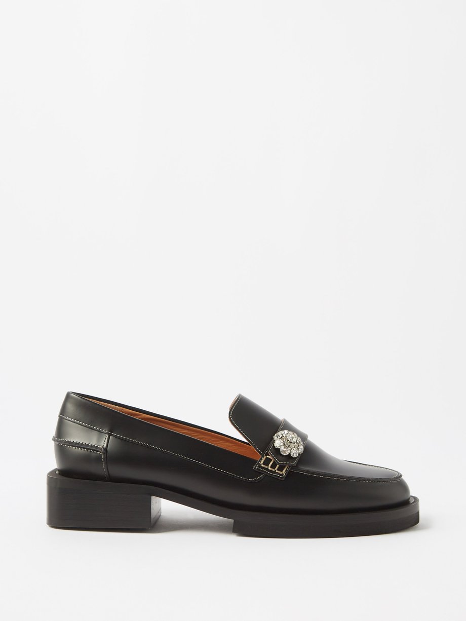 가니 로퍼 GANNI Black Crystal-embellished leather loafers