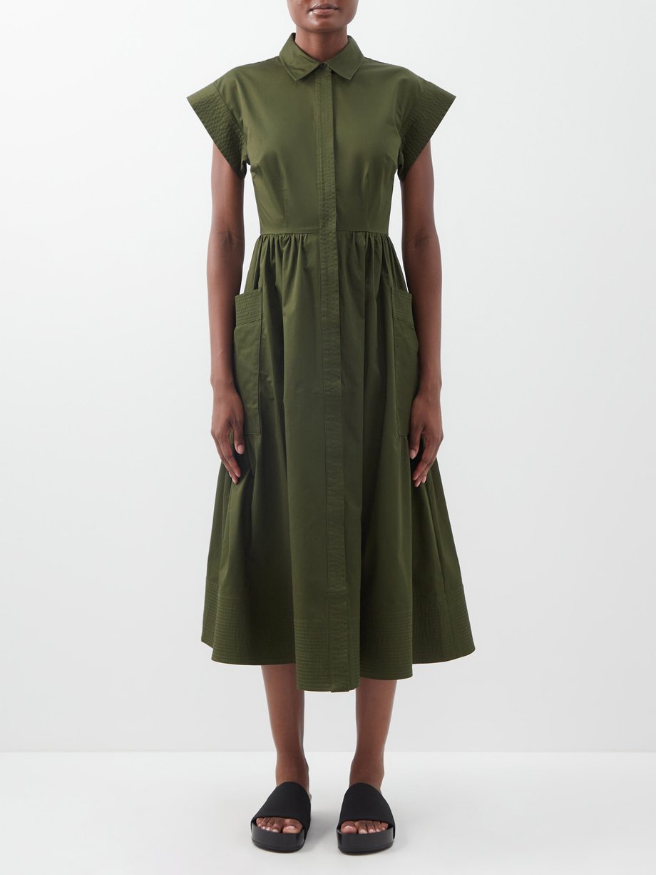 Green Elasticated waist cotton poplin cap sleeves dress | CO ...