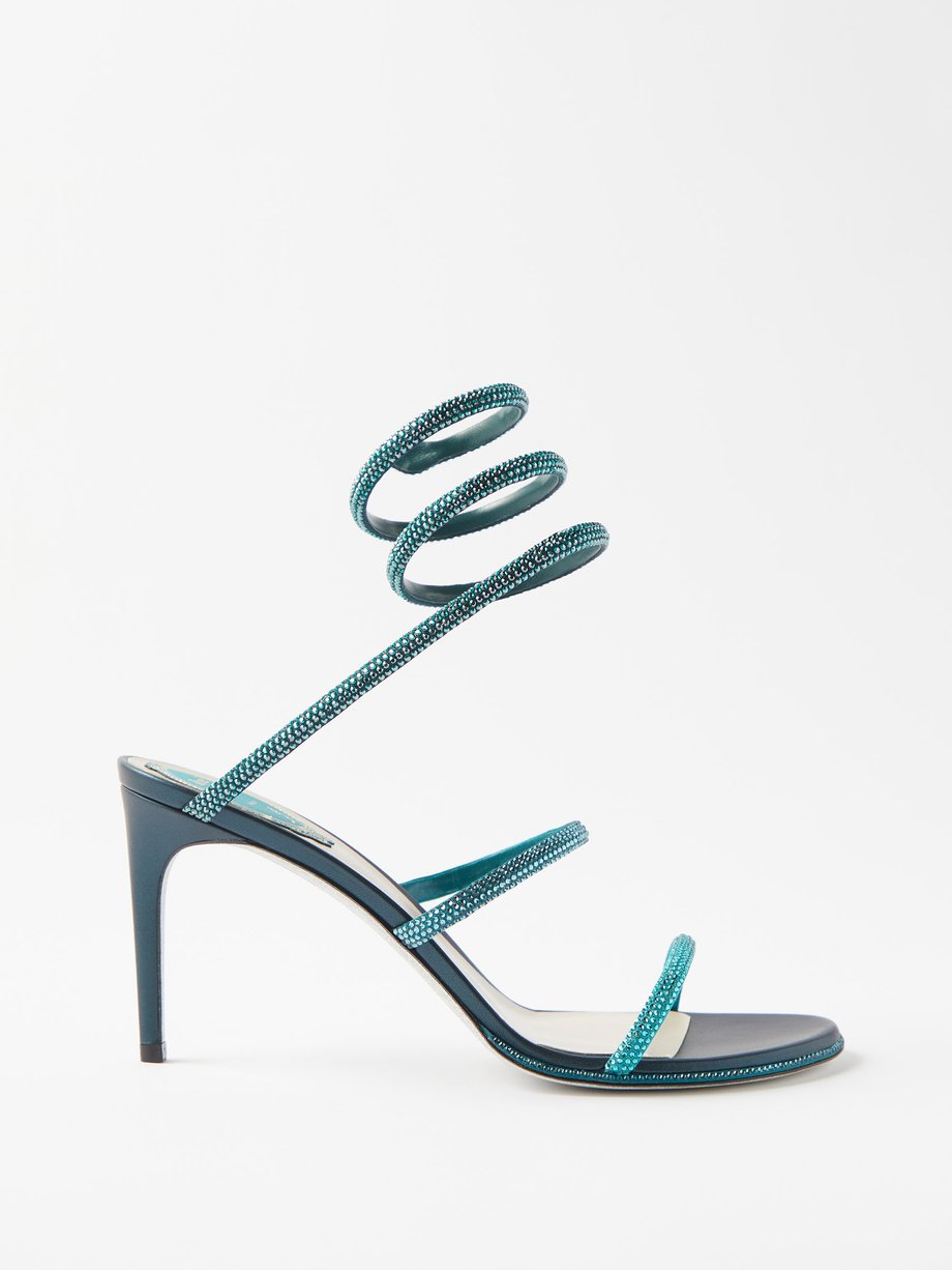 Rene Caovilla Blue Cleo 80 crystal-studded satin heeled wrap sandals ...