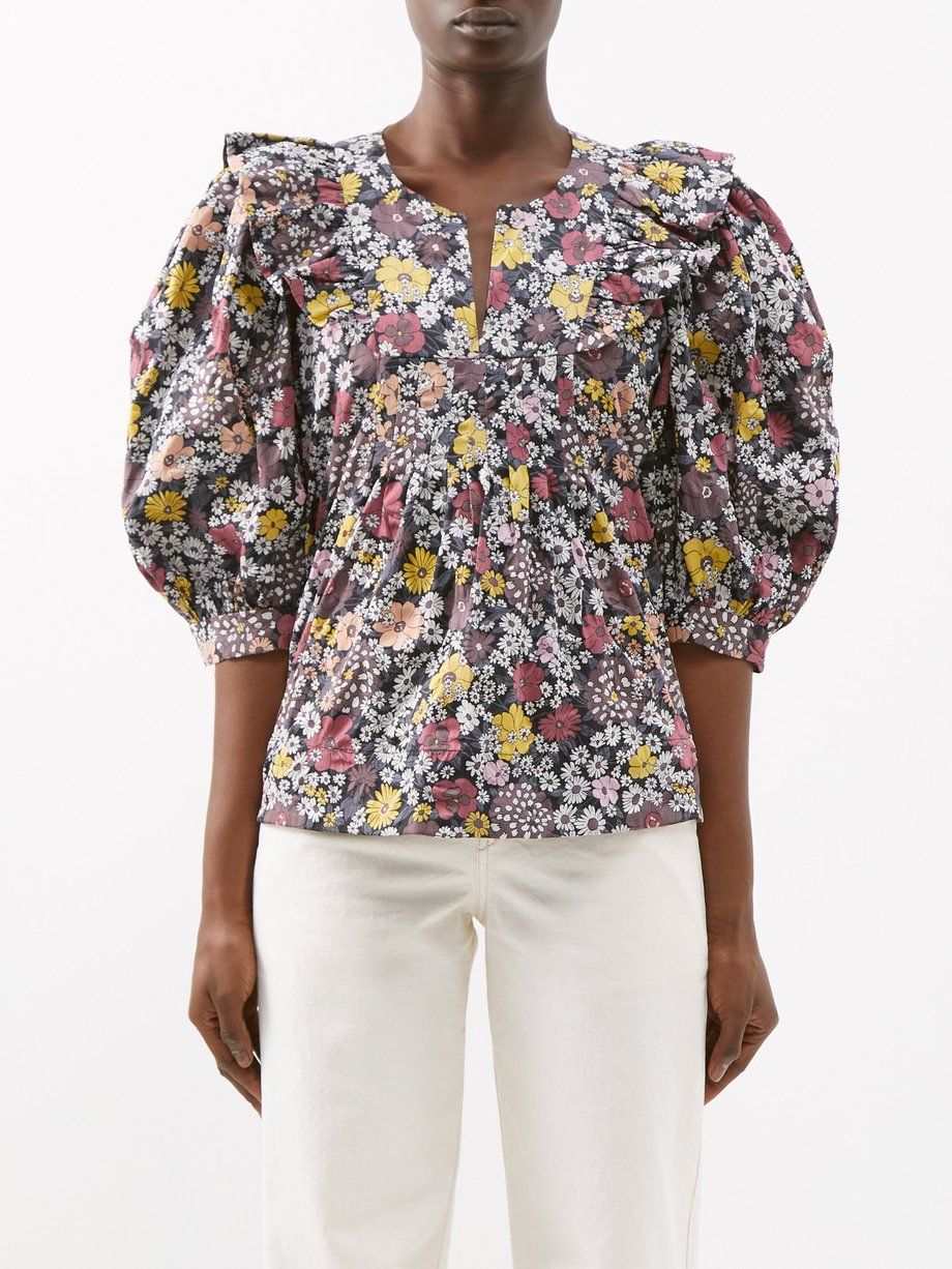 씨 블라우스 Sea Print Gitte puff-sleeve floral-print cotton top
