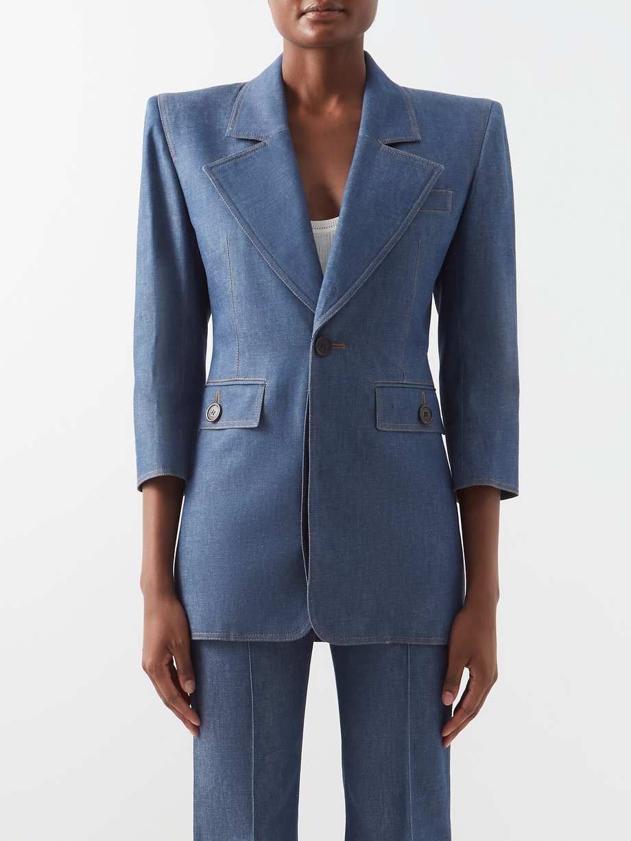 Saint Laurent Blue Wide-lapel denim blazer | 매치스패션, 모던 럭셔리 온라인 쇼핑