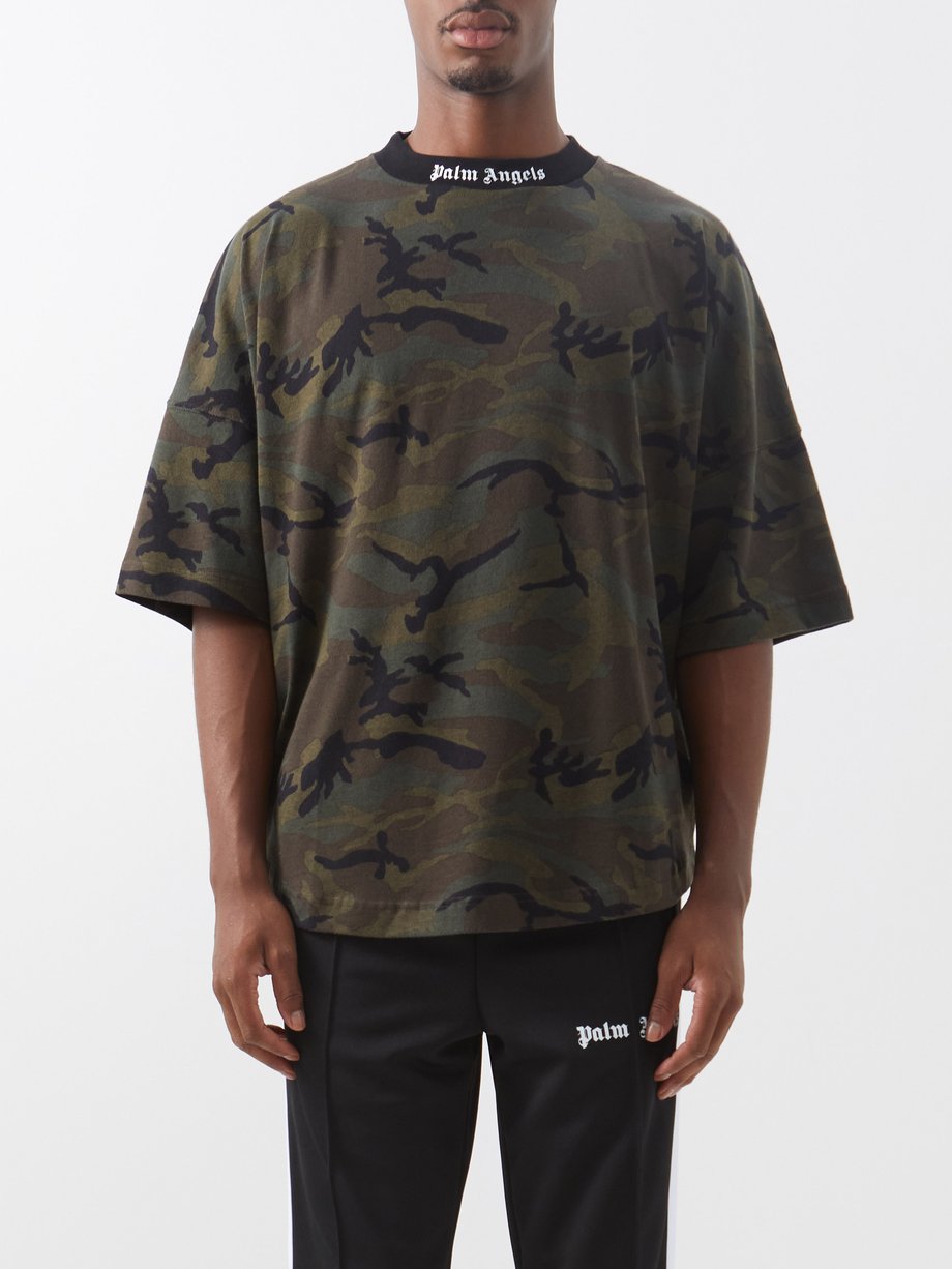 Green Logo and camouflage-print cotton-jersey T-shirt | Palm Angels ...