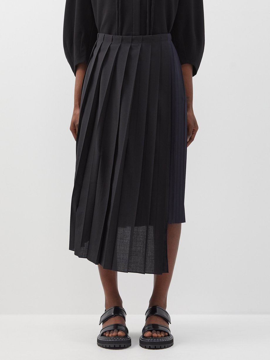 Sacai Sacai Asymmetric pleated wool-blend midi skirt BLACK ...