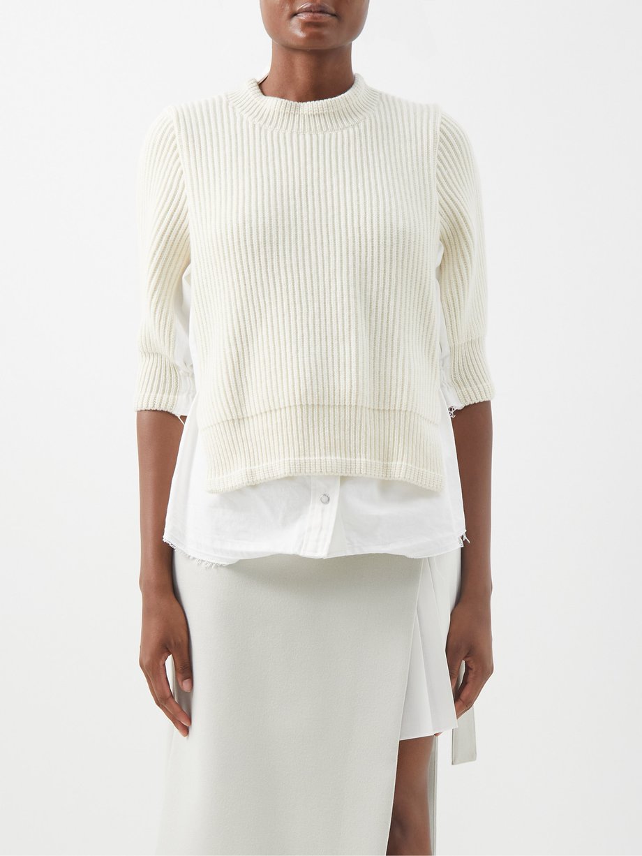 Off white Ribbed-knit wool and denim top | Sacai | MATCHESFASHION US
