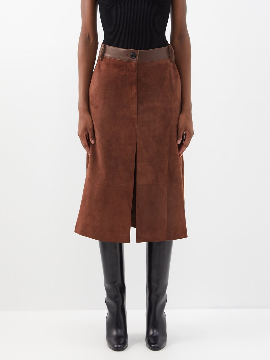 Khaite Brown Charlene lamb suede slit-detail skirt | 매치스패션, 모던 럭셔리 온라인 쇼핑