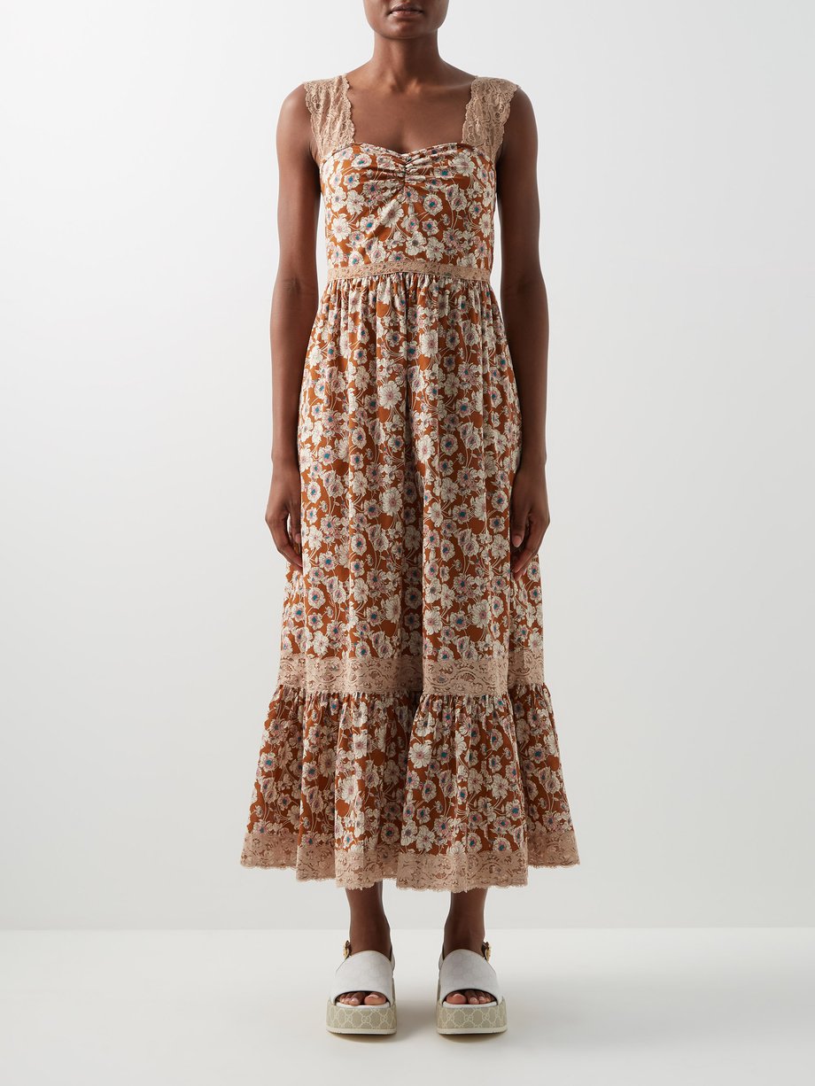 Brown Floral-print lace-trimmed twill dress | Gucci | MATCHESFASHION US
