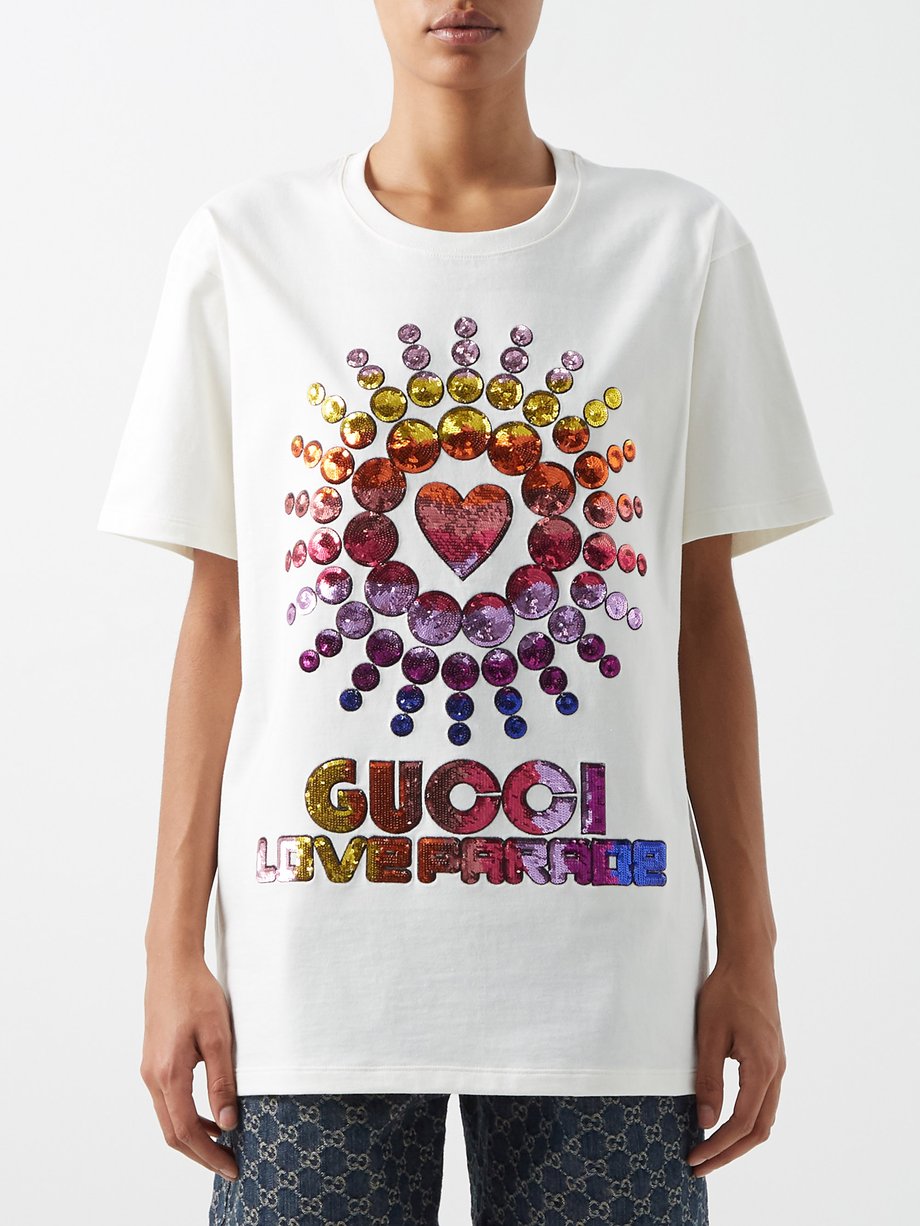 White Gucci Love Parade sequinned cotton T-shirt | Gucci 