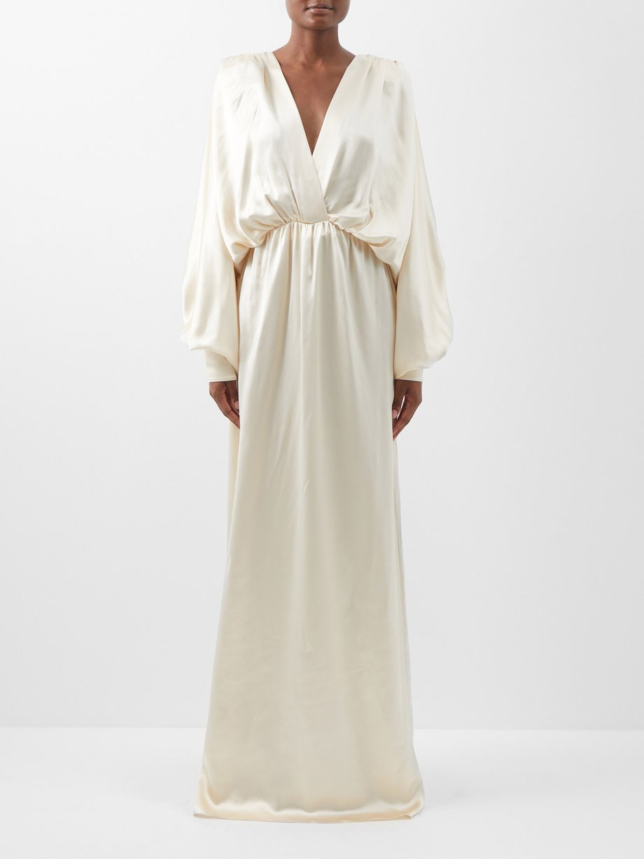 White Draped-back gathered silk-blend satin gown | Gucci ...