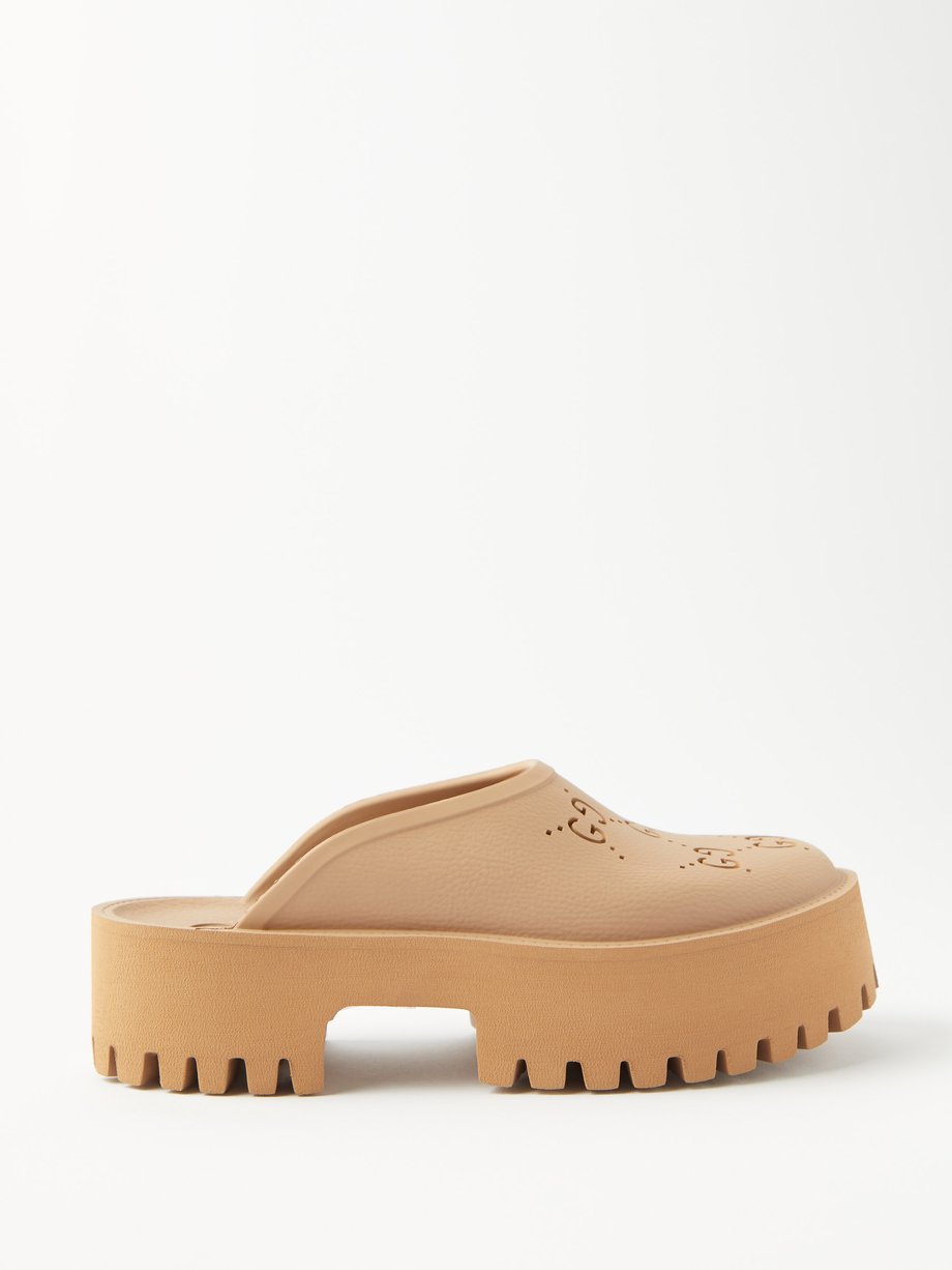 Camel GG-leather and rubber platform backless loafers | Gucci ...