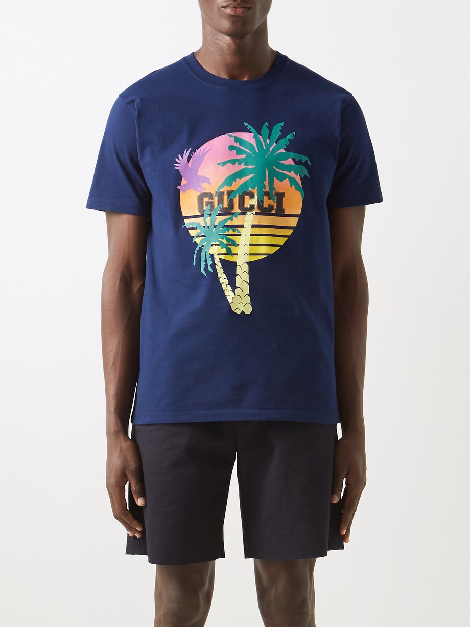 Blue Love Parade palm-print cotton-jersey T-shirt | Gucci 