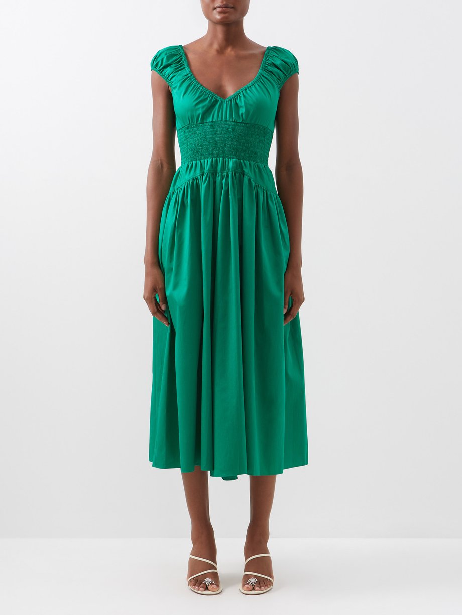 La Ligne Green Smocked-waist cotton-poplin midi dress | 매치스패션, 모던 럭셔리 온라인 쇼핑
