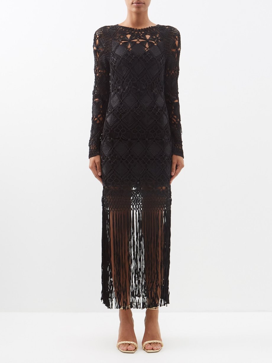Black Kaleidoscope fringe-trim macramé dress | Zimmermann ...