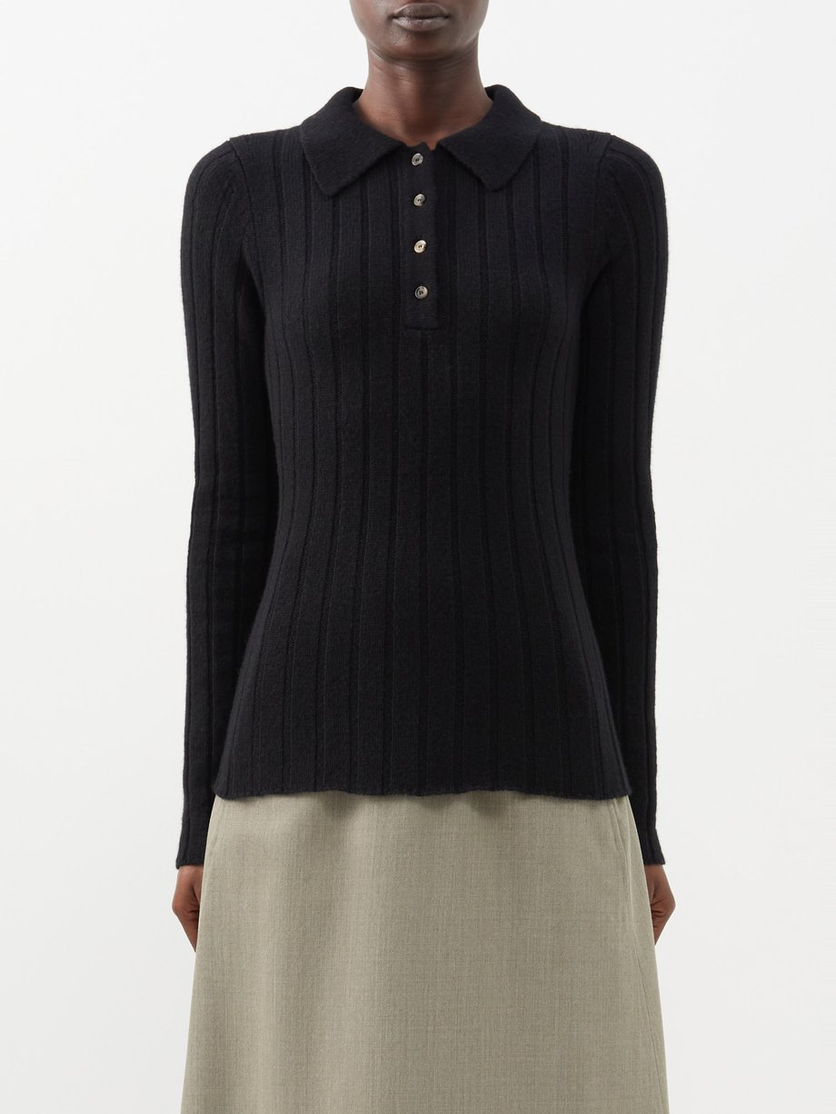Hans ribbed-knit cashmere polo sweater Black Khaite | MATCHESFASHION FR