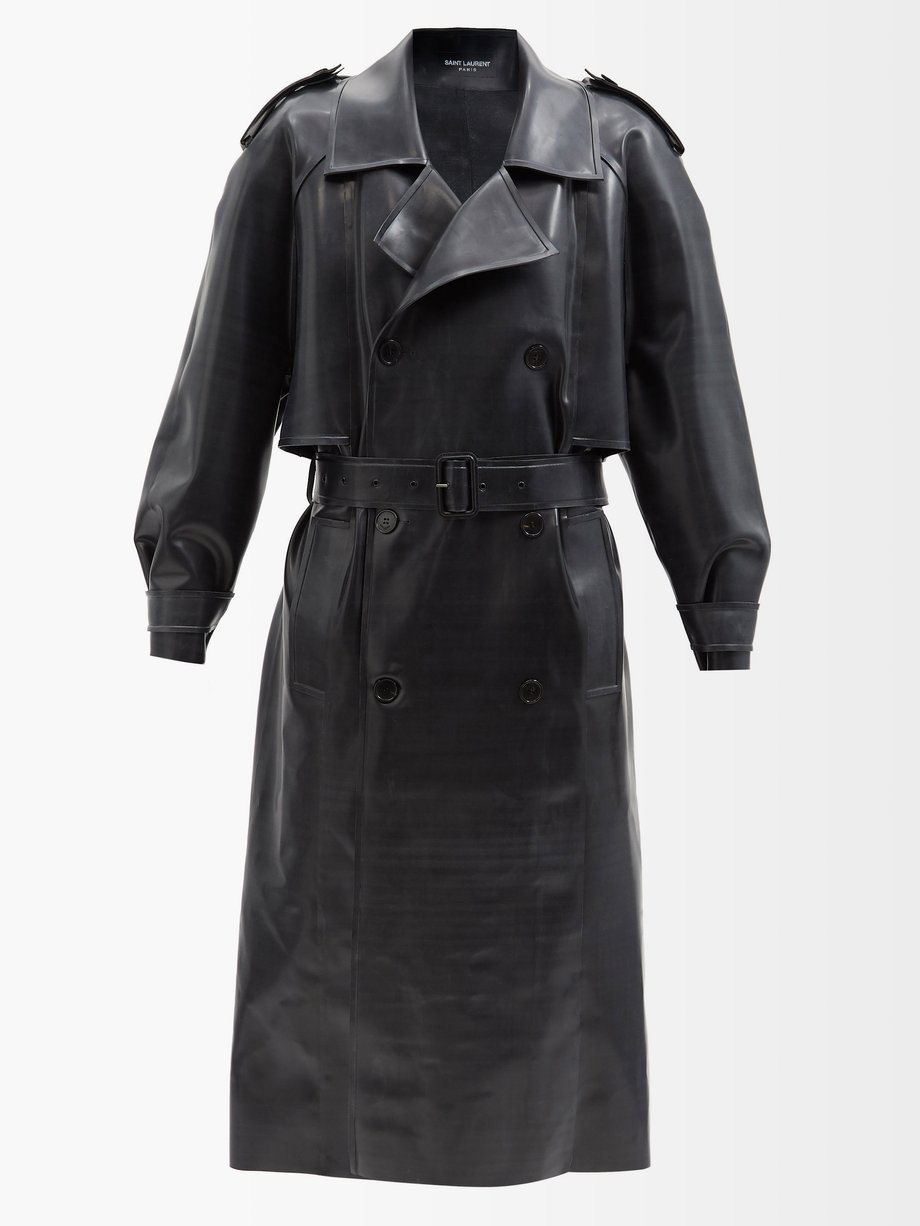 Saint Laurent Black Belted latex trench coat | 매치스패션, 모던 럭셔리 온라인 쇼핑