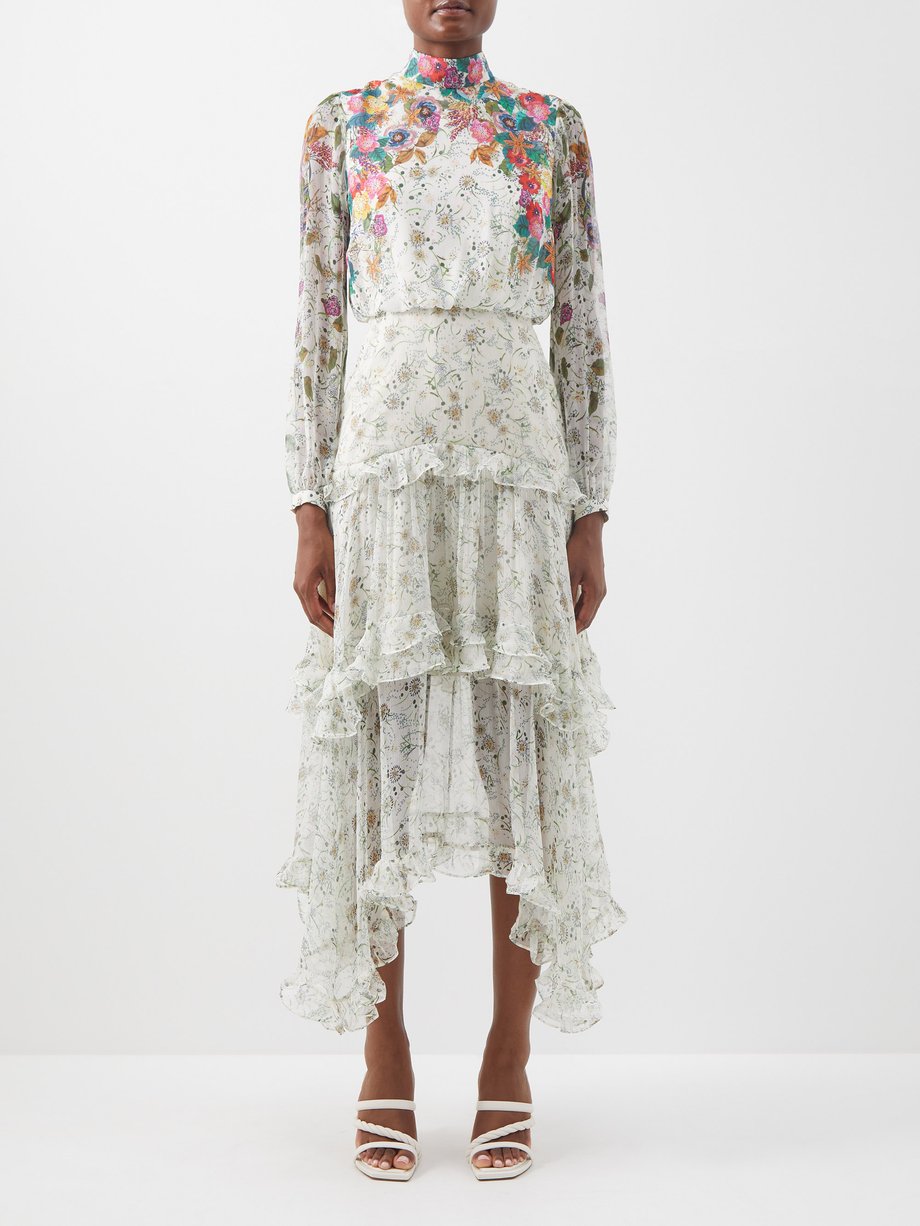 White Jolie C dandelion-print tiered silk dress | Saloni ...