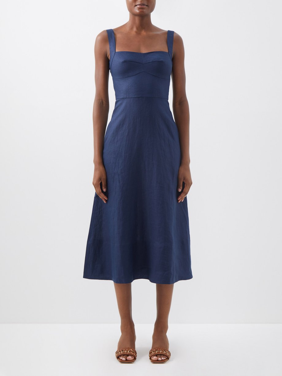 Saloni Saloni Rachel linen dress Navy｜MATCHESFASHION（マッチズファッション)