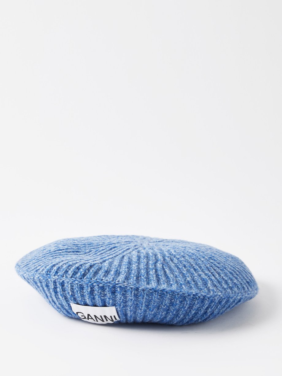 Blue Logo-patch ribbed-knit wool beret | Ganni | MATCHESFASHION UK