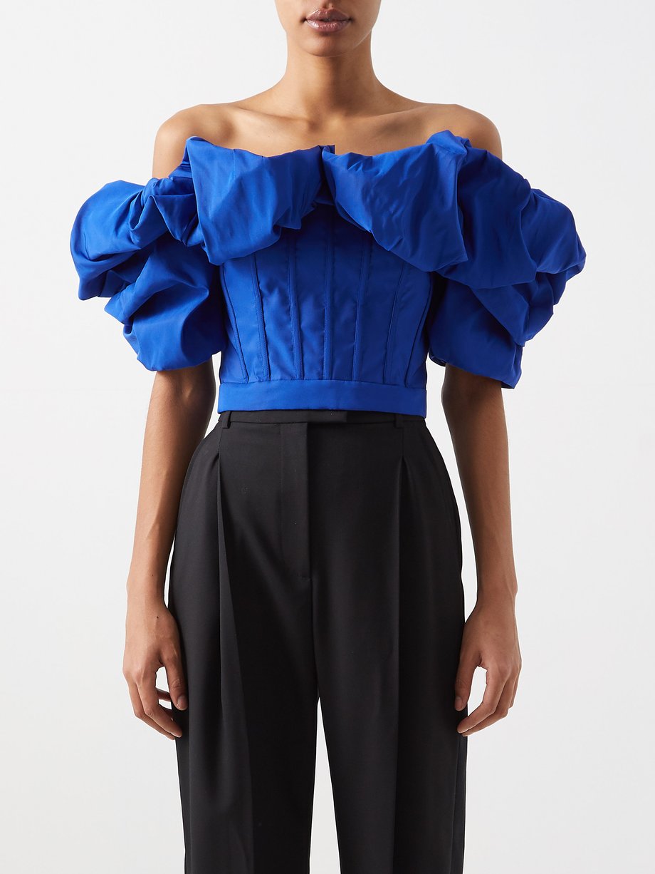 Blue Off-the-shoulder ruffled corset | Alexander McQueen ...