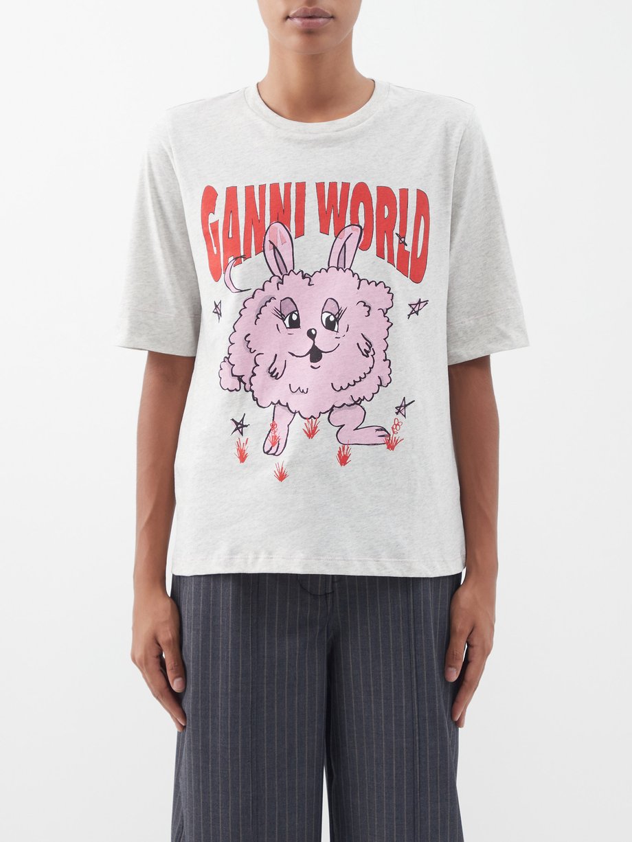 Ganni Grey Ganni World bunny-print organic-cotton T-shirt | 매치스패션, 모던 ...