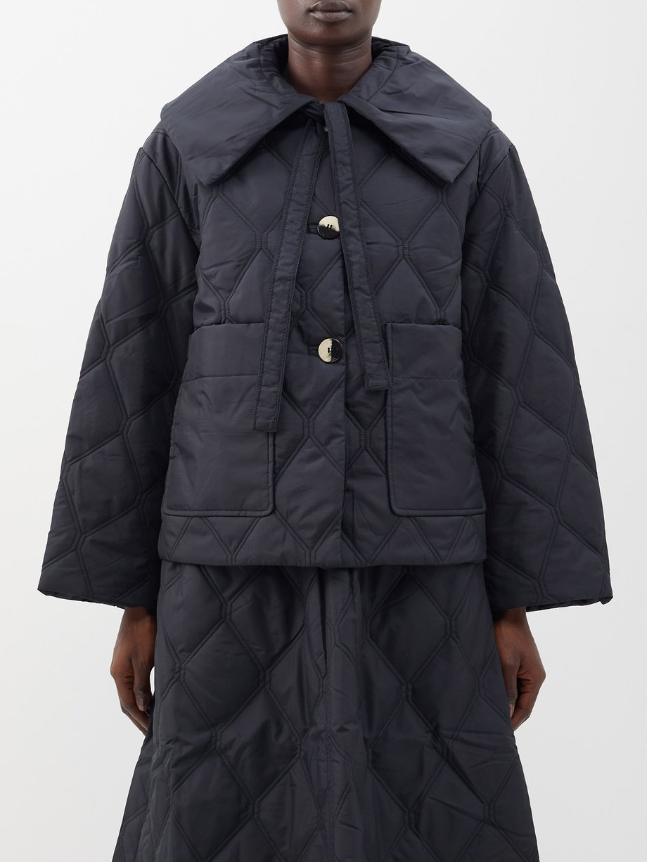 가니 퀼팅 자켓 GANNI Black Oversized-collar quilted-ripstop jacket