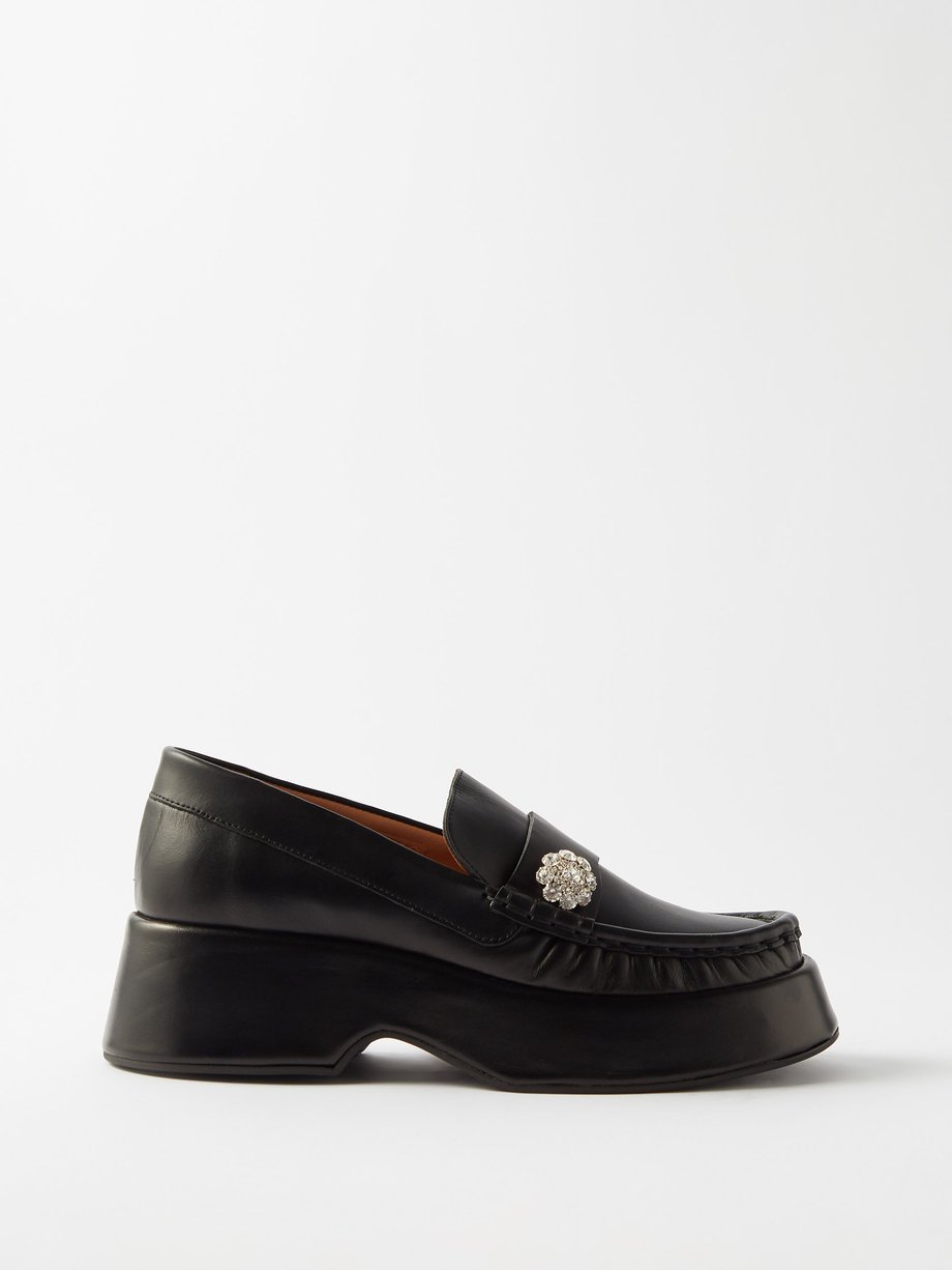 가니 플랫폼 로퍼 GANNI Black Crystal-embellished leather flatform loafers