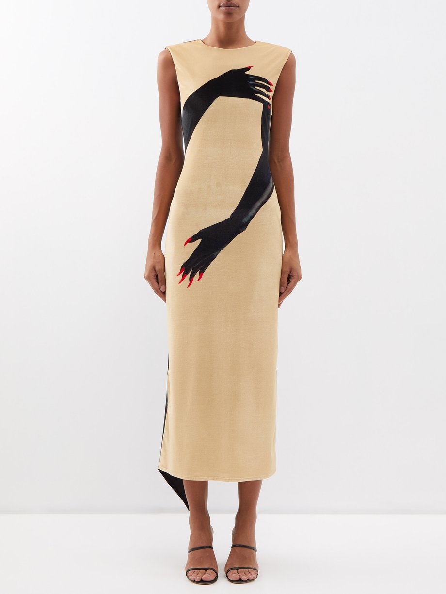 Hand-print velvet midi dress Beige LOEWE | MATCHESFASHION FR