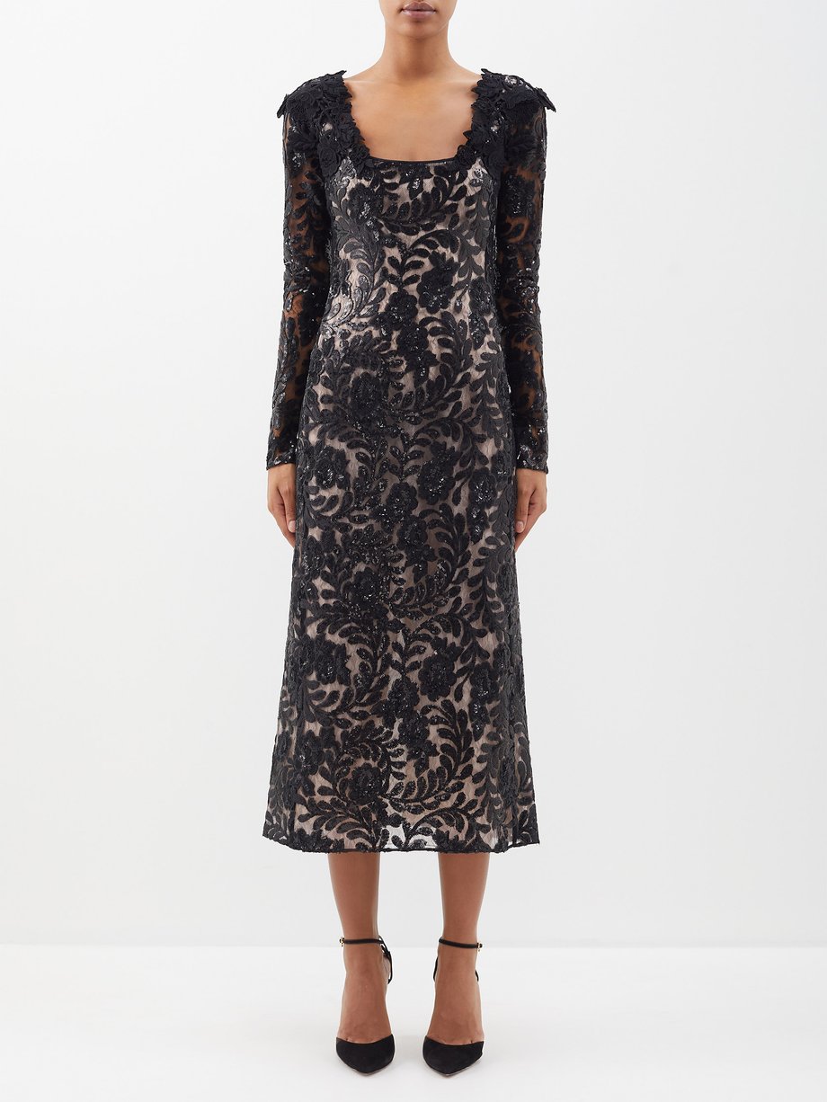 Black Sequin-embroidered tulle midi dress | Giambattista Valli ...