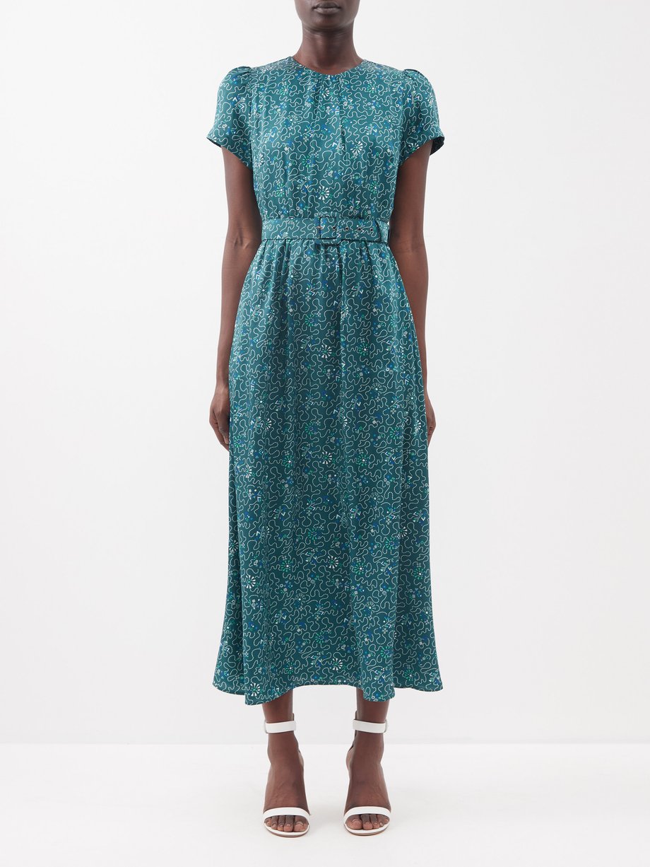 Cefinn Green Nina belted printed-twill midi dress | 매치스패션, 모던 럭셔리 온라인 쇼핑