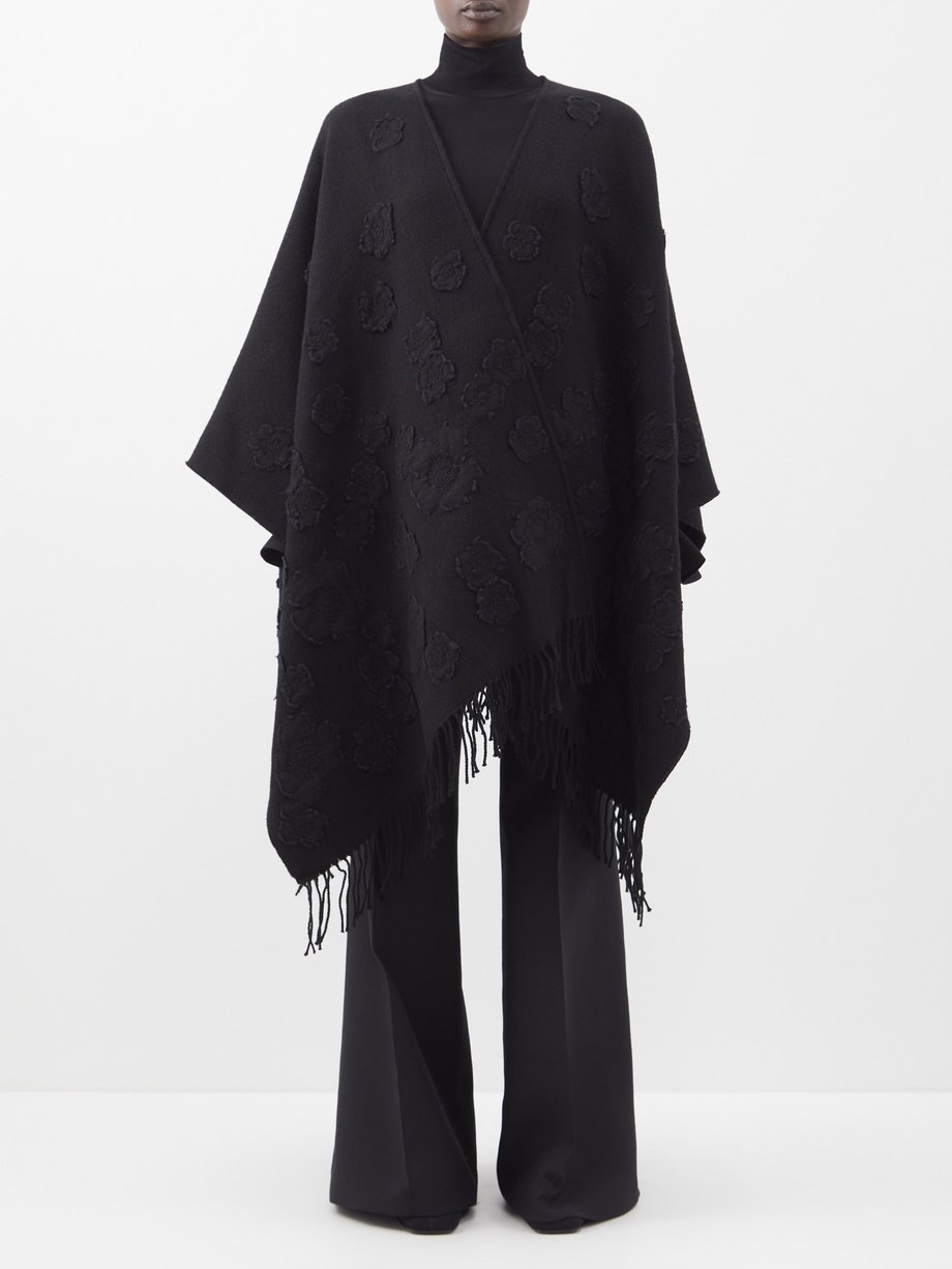 Betsy Trotwood responsibility Silicon Floral-appliqué fringed wool-blend poncho Black Valentino | MATCHESFASHION  FR