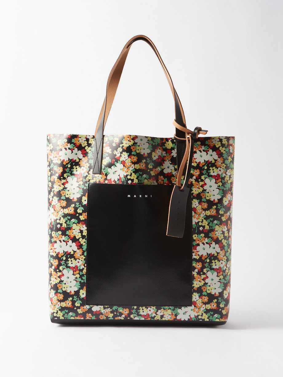 마르니 Marni Print Leather-trimmed floral-print tote bag