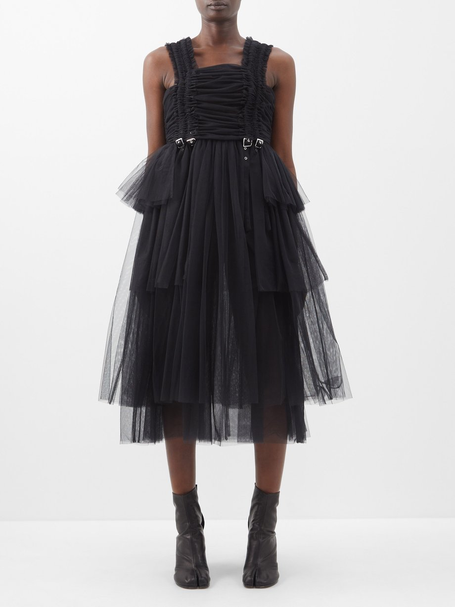 Noir Kei Ninomiya Black Ruffled tulle midi dress | 매치스패션, 모던 럭셔리 온라인 쇼핑